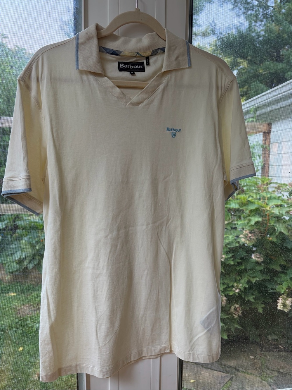 Barbour Men's Pale Cream Polo with Light Blue Trim